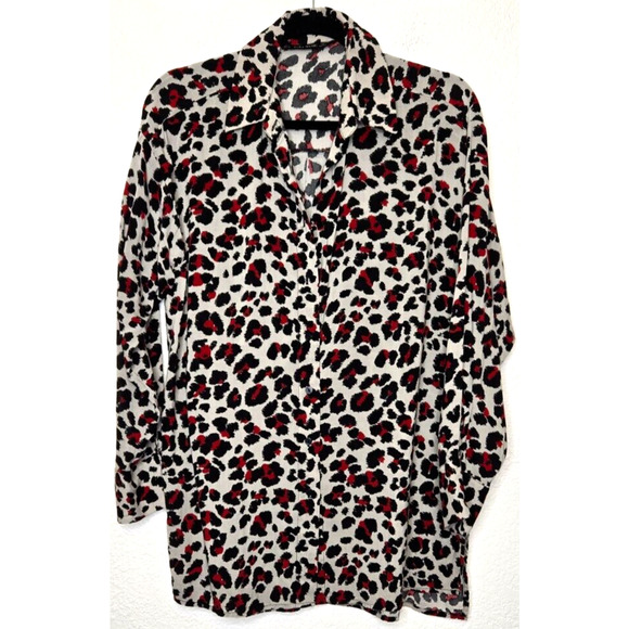Zara Shirt Womens Small Red Black Leopard Print Oversized Flowy Tunic Top Baddie - Picture 2 of 7